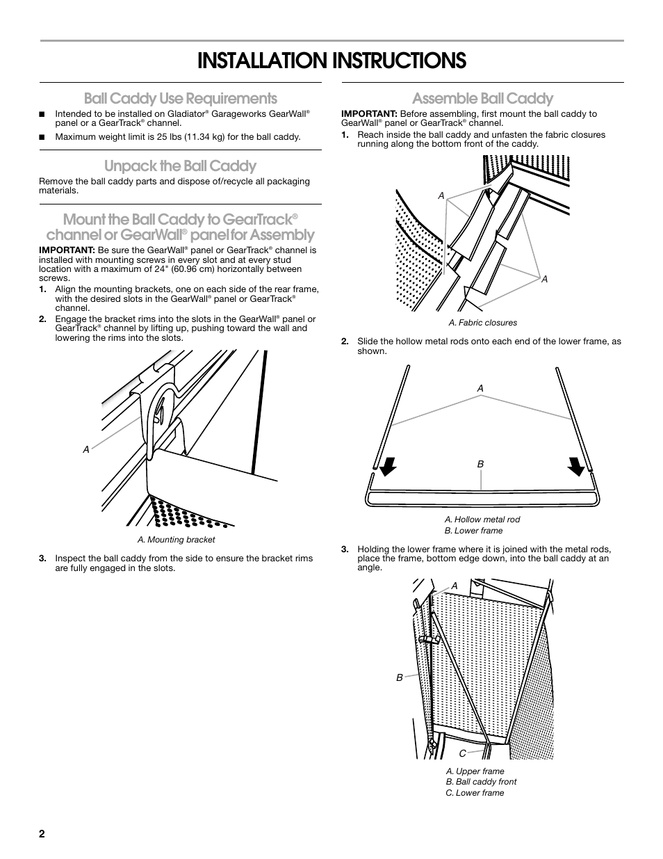 Installation instructions, Ball caddy use requirements, Unpack the ball caddy | Mount the ball caddy to geartrack, Channel or gearwall, Panel, For assembly, Assemble ball caddy | Gladiator GAWUXXBLTH Ball Caddy User Manual | Page 2 / 8