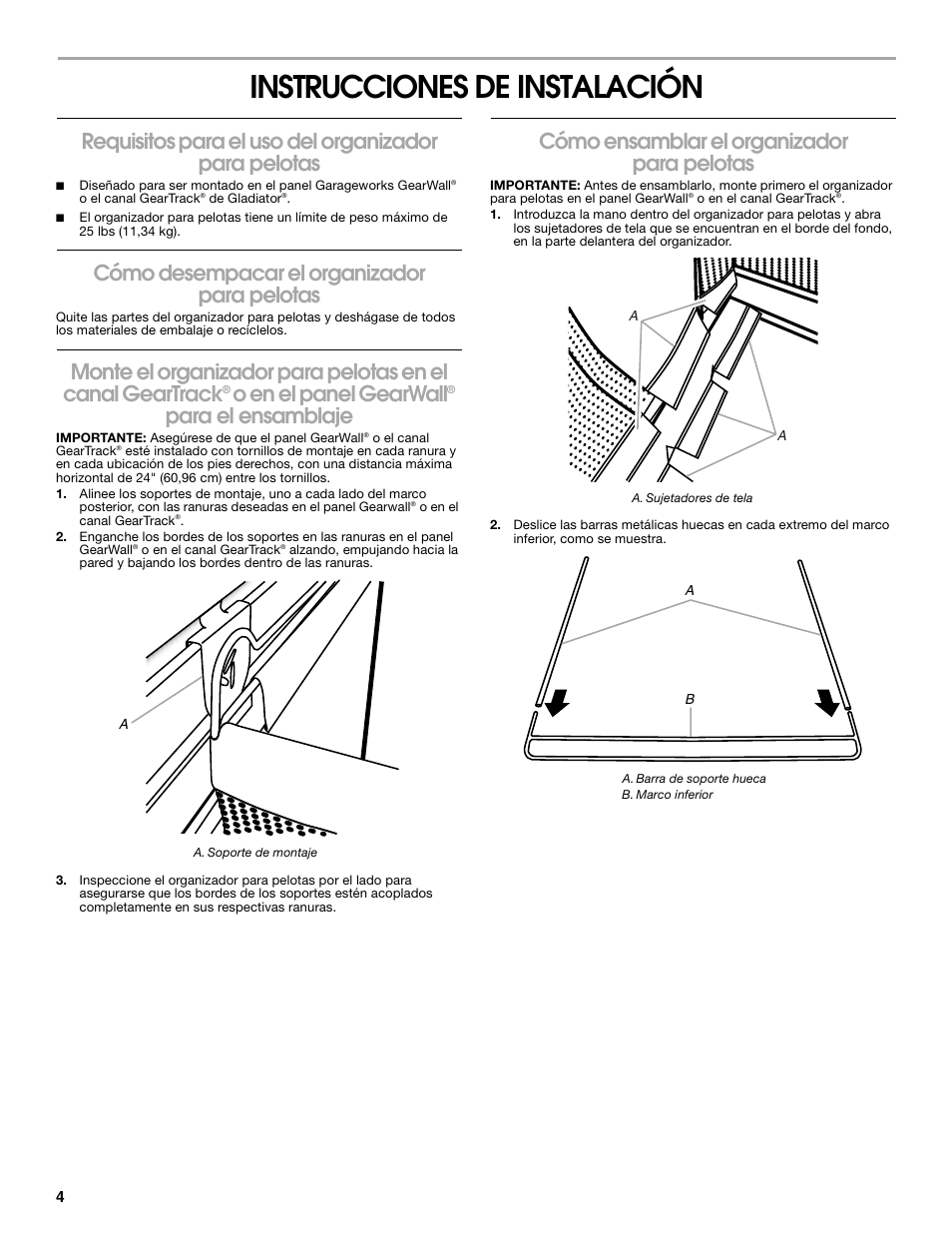 Instrucciones de instalación, Cómo desempacar el organizador para pelotas, O en el panel gearwall | Para el ensamblaje, Cómo ensamblar el organizador para pelotas | Gladiator GAWUXXBLTH Ball Caddy User Manual | Page 4 / 8