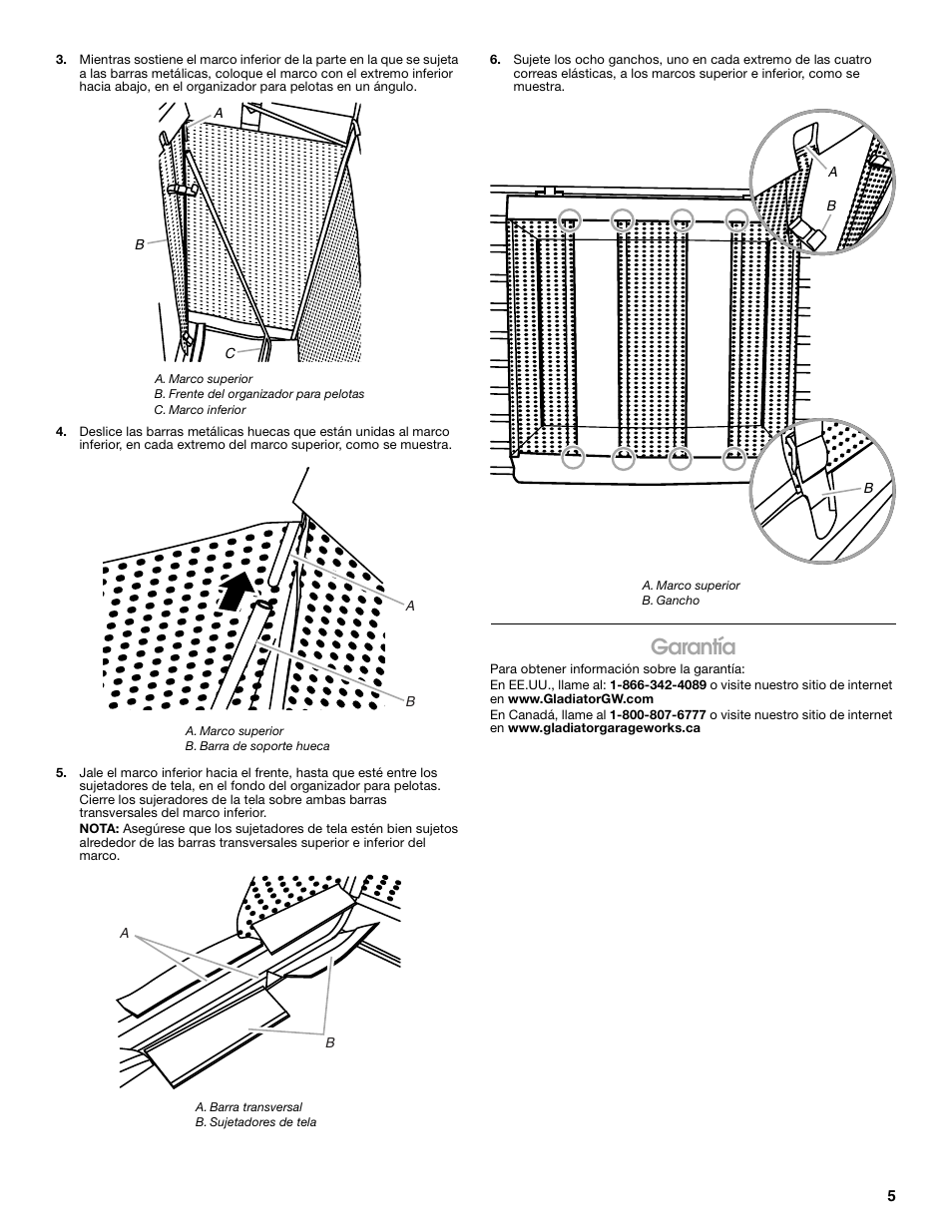 Garantía | Gladiator GAWUXXBLTH Ball Caddy User Manual | Page 5 / 8