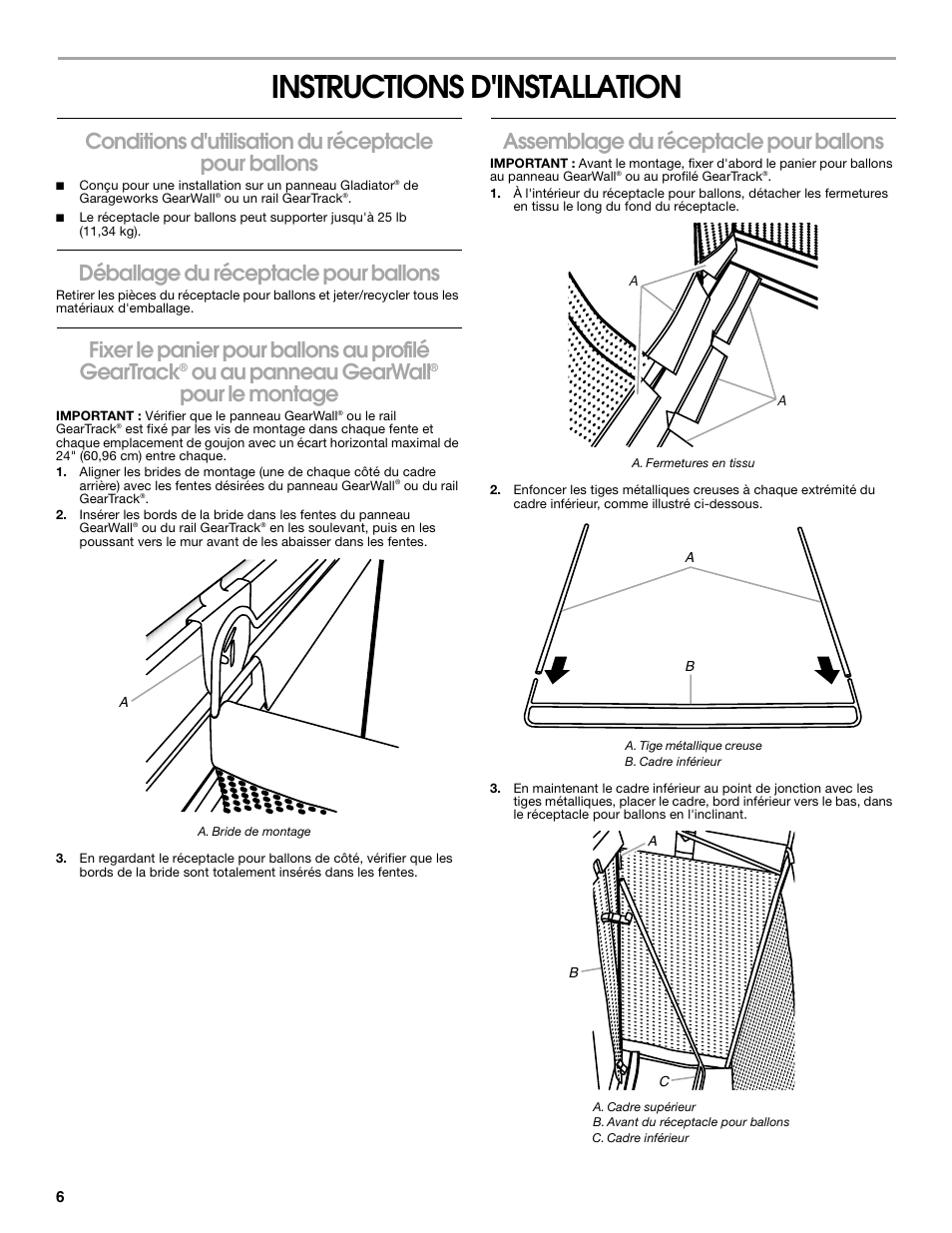 Instructions d'installation, Déballage du réceptacle pour ballons, Fixer le panier pour ballons au profilé geartrack | Ou au panneau gearwall, Pour le montage, Assemblage du réceptacle pour ballons | Gladiator GAWUXXBLTH Ball Caddy User Manual | Page 6 / 8