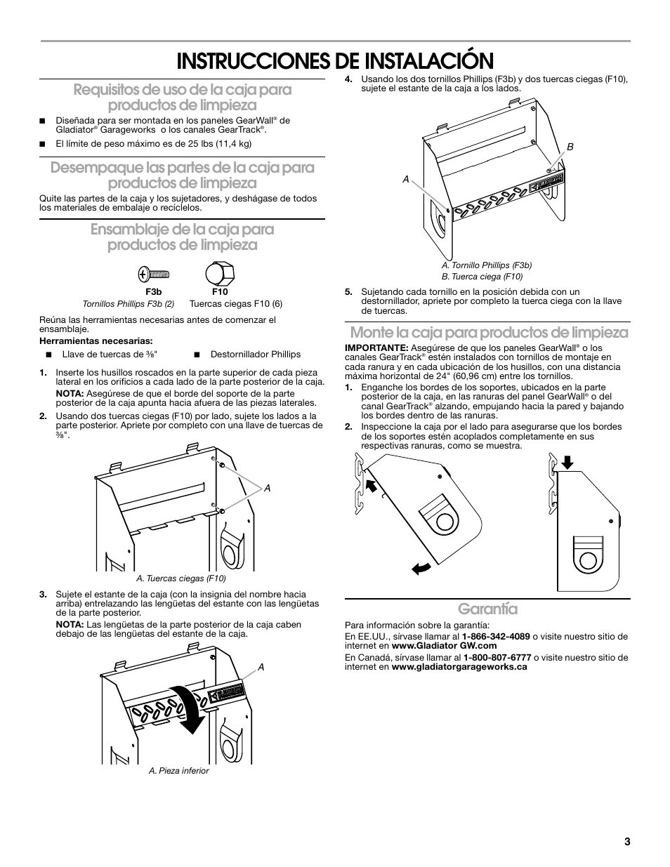 Instrucciones de instalación, Ensamblaje de la caja para productos de limpieza, Monte la caja para productos de limpieza | Garantía | Gladiator GAWU12CCTG Clean-Up Caddy User Manual | Page 3 / 4