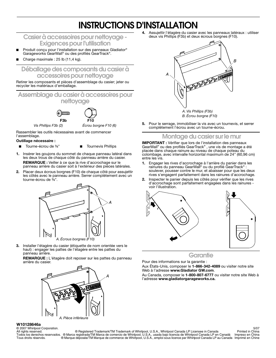 Instructions d'installation, Assemblage du casier à accessoires pour nettoyage, Montage du casier sur le mur | Garantie | Gladiator GAWU12CCTG Clean-Up Caddy User Manual | Page 4 / 4