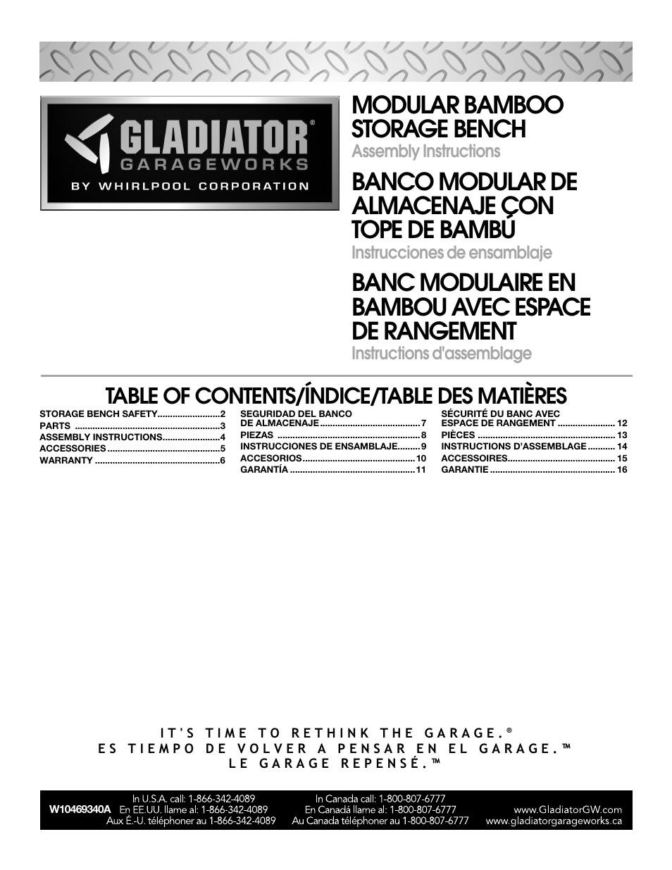 Gladiator GAGB54SBYG Storage Bench User Manual | 16 pages