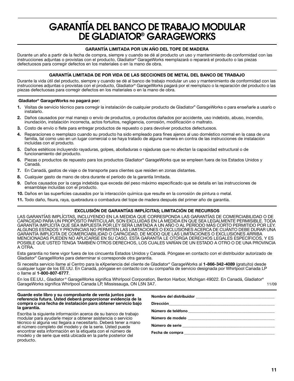 Garantía del banco de trabajo modular de gladiator, Garageworks | Gladiator GAGB54SBYG Storage Bench User Manual | Page 11 / 16