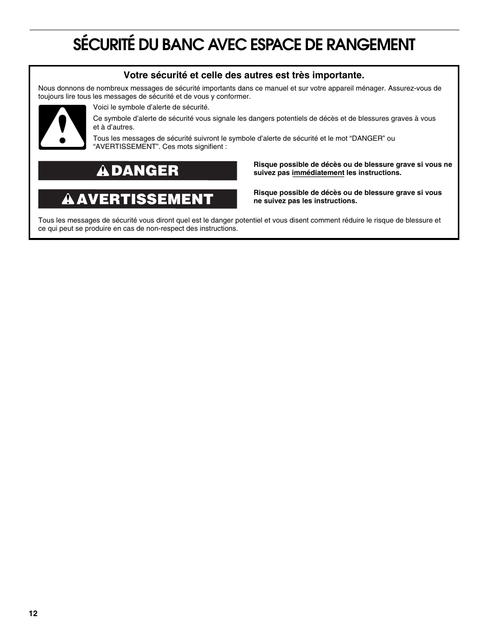 Sécurité du banc avec espace de rangement, Avertissement danger | Gladiator GAGB54SBYG Storage Bench User Manual | Page 12 / 16