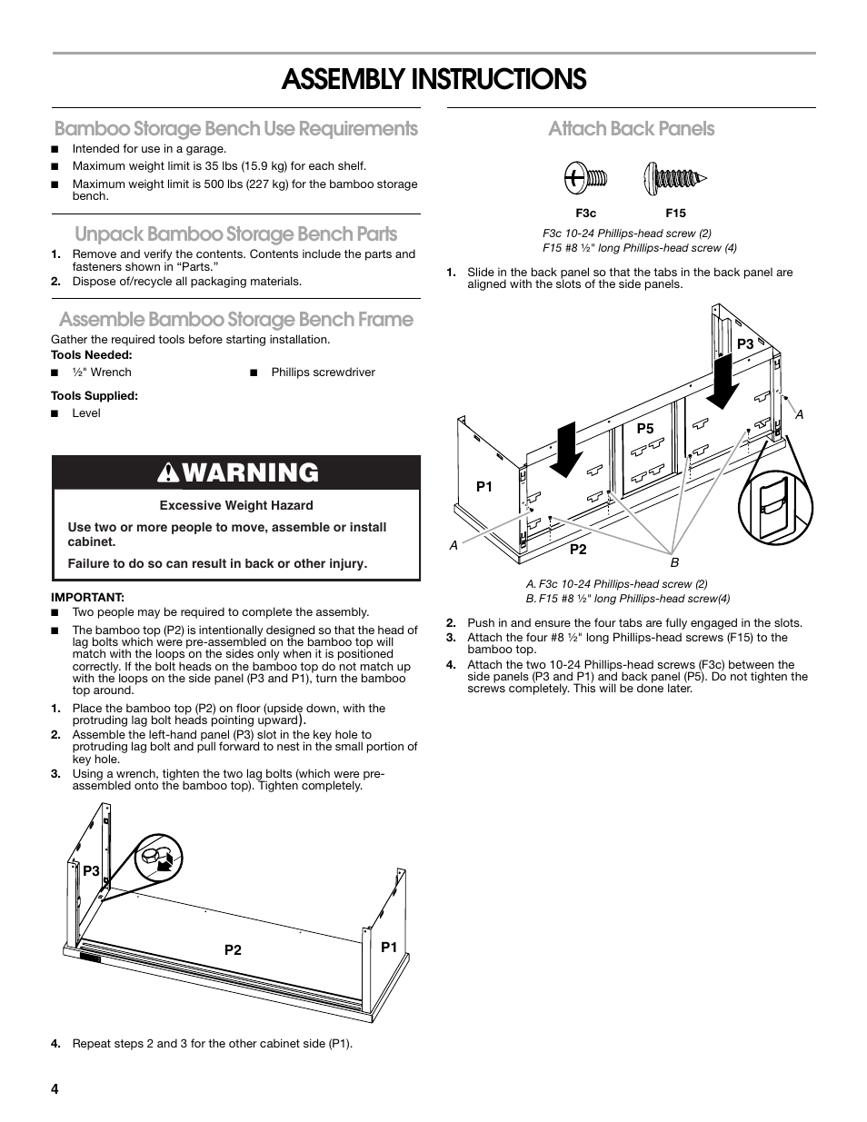 Assembly instructions, Warning, Bamboo storage bench use requirements | Unpack bamboo storage bench parts, Assemble bamboo storage bench frame, Attach back panels | Gladiator GAGB54SBYG Storage Bench User Manual | Page 4 / 16