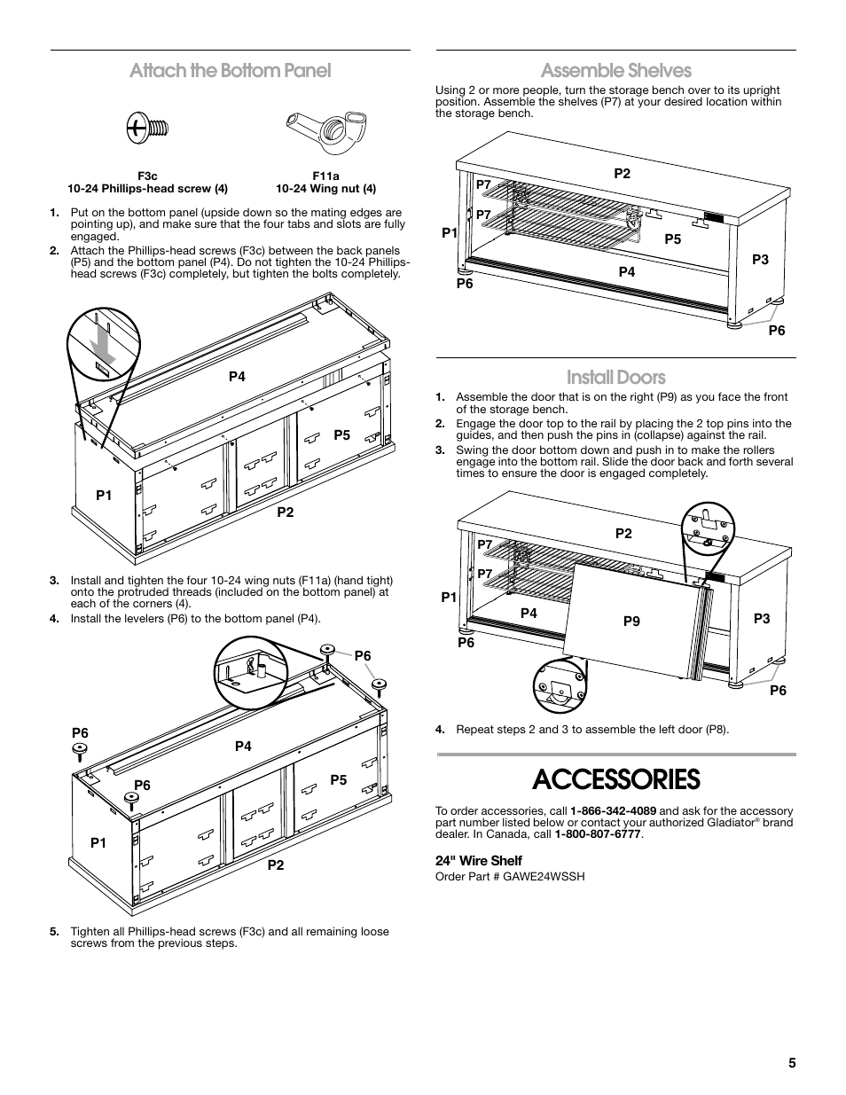 Accessories, Attach the bottom panel, Assemble shelves | Install doors | Gladiator GAGB54SBYG Storage Bench User Manual | Page 5 / 16