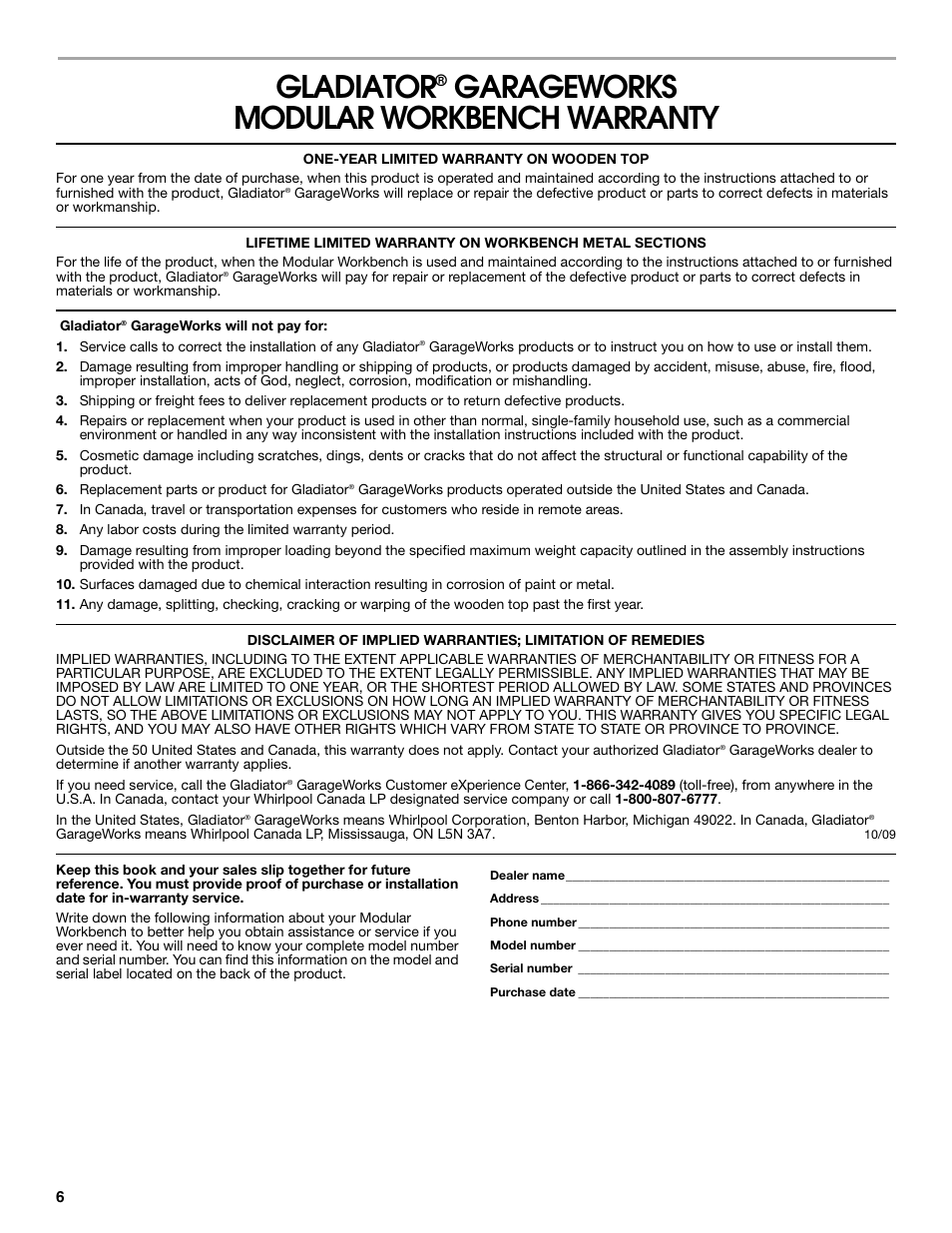 Gladiator, Garageworks modular workbench warranty | Gladiator GAGB54SBYG Storage Bench User Manual | Page 6 / 16
