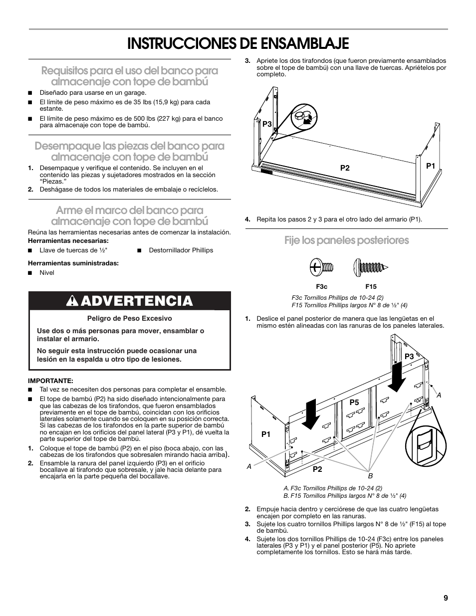 Instrucciones de ensamblaje, Advertencia, Fije los paneles posteriores | Gladiator GAGB54SBYG Storage Bench User Manual | Page 9 / 16