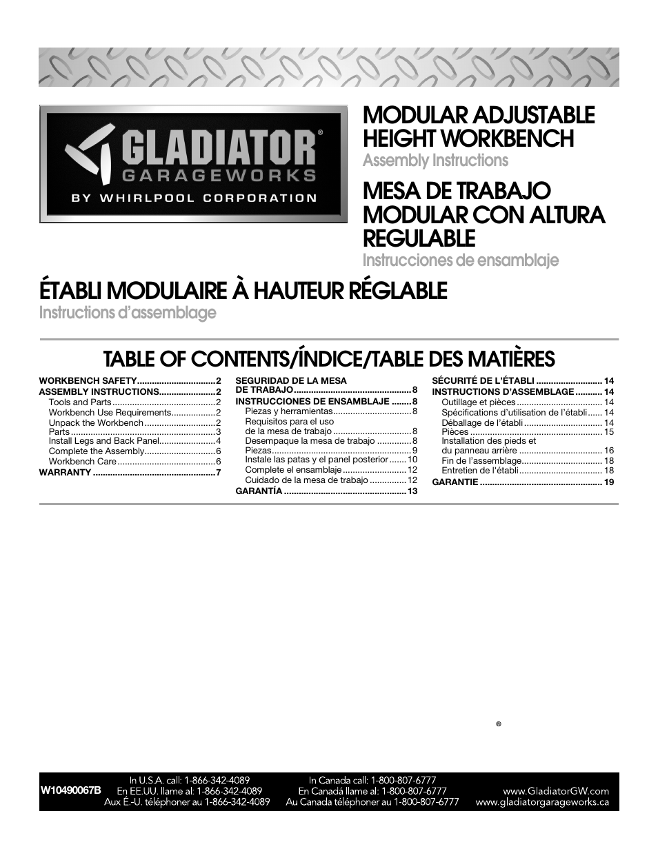 Gladiator GAWB0xMTZG Adjustable Height 4/6/8 ft. Maple Workbench User Manual | 20 pages