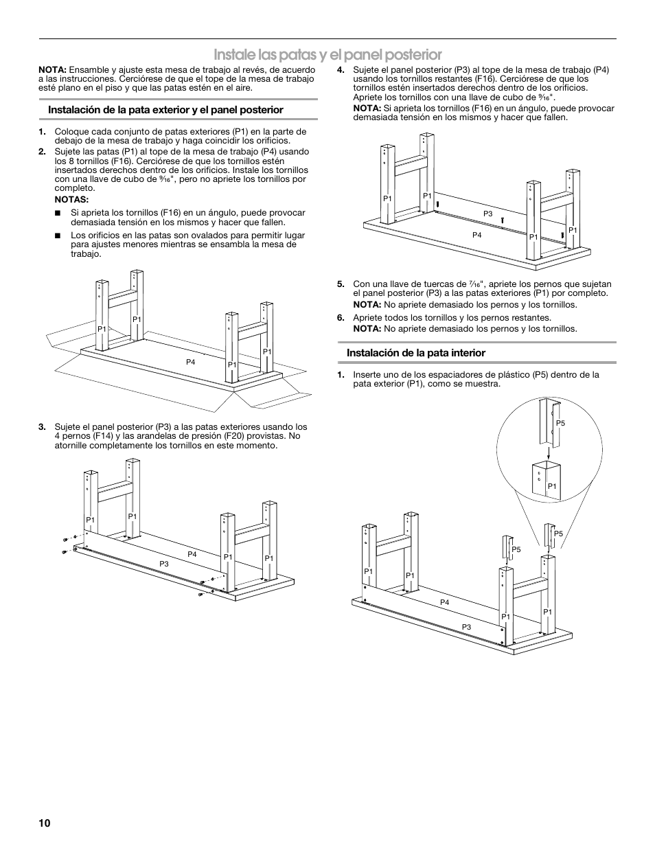 Instale las patas y el panel posterior | Gladiator GAWB0xMTZG Adjustable Height 4/6/8 ft. Maple Workbench User Manual | Page 10 / 20