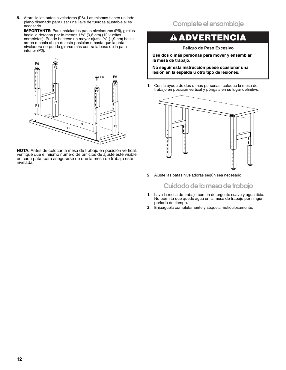 Advertencia, Complete el ensamblaje, Cuidado de la mesa de trabajo | Gladiator GAWB0xMTZG Adjustable Height 4/6/8 ft. Maple Workbench User Manual | Page 12 / 20