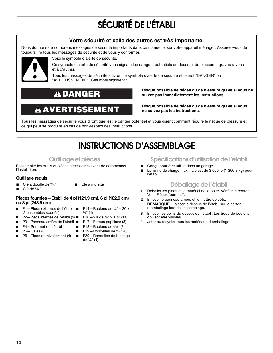 Sécurité de l’établi instructions d’assemblage, Avertissement danger, Outillage et pièces | Spécifications d’utilisation de l’établi, Déballage de l’établi | Gladiator GAWB0xMTZG Adjustable Height 4/6/8 ft. Maple Workbench User Manual | Page 14 / 20
