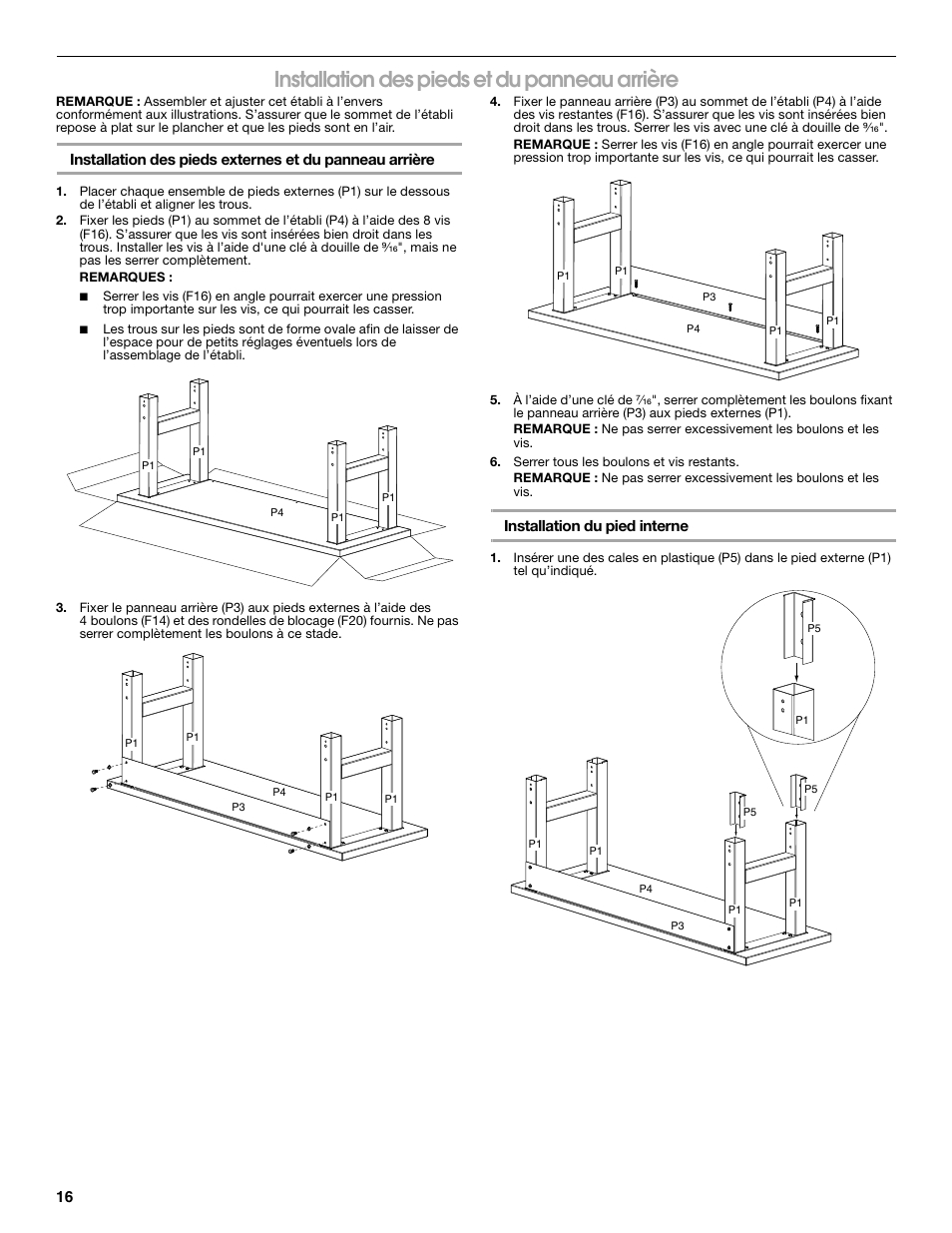 Installation des pieds et du panneau arrière | Gladiator GAWB0xMTZG Adjustable Height 4/6/8 ft. Maple Workbench User Manual | Page 16 / 20