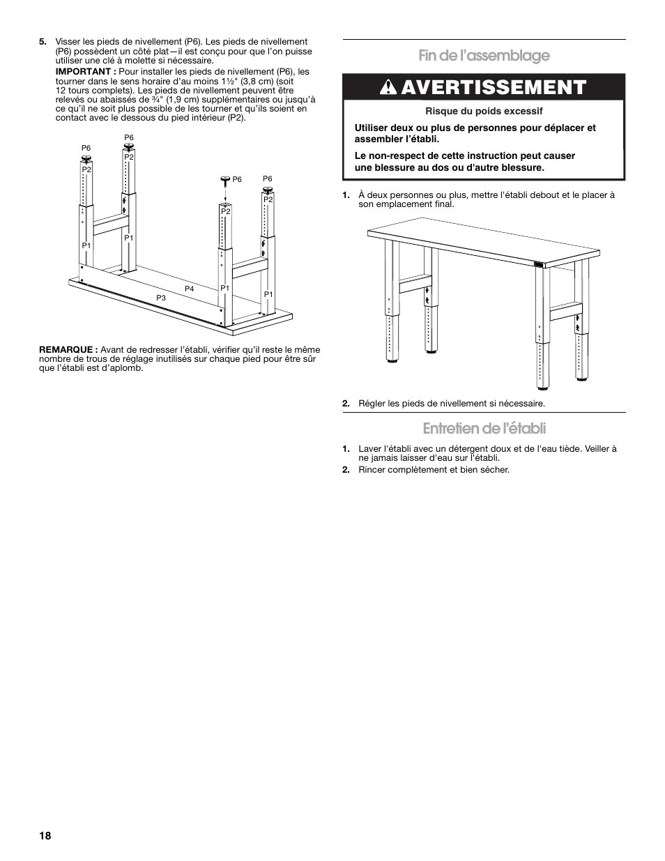 Avertissement, Fin de l’assemblage, Entretien de l'établi | Gladiator GAWB0xMTZG Adjustable Height 4/6/8 ft. Maple Workbench User Manual | Page 18 / 20