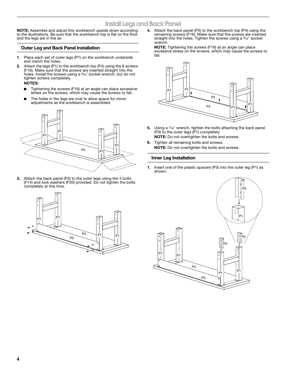 Install legs and back panel | Gladiator GAWB0xMTZG Adjustable Height 4/6/8 ft. Maple Workbench User Manual | Page 4 / 20