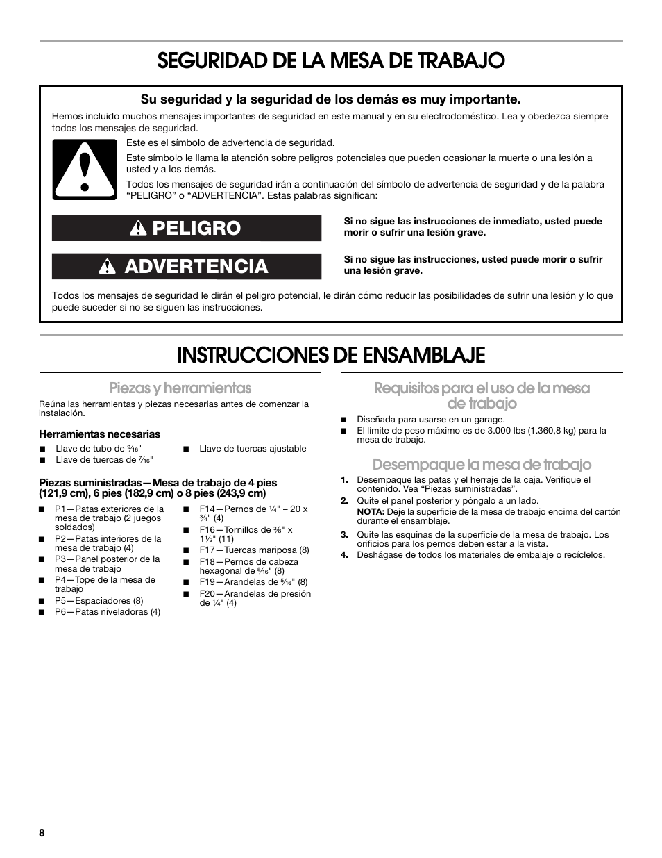Advertencia peligro, Piezas y herramientas, Requisitos para el uso de la mesa de trabajo | Desempaque la mesa de trabajo | Gladiator GAWB0xMTZG Adjustable Height 4/6/8 ft. Maple Workbench User Manual | Page 8 / 20
