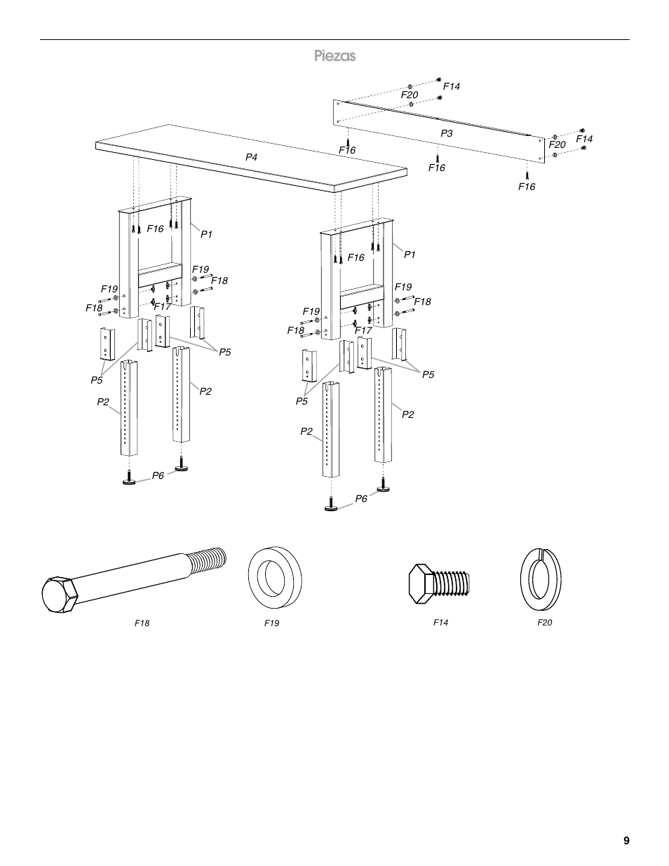 Piezas | Gladiator GAWB0xMTZG Adjustable Height 4/6/8 ft. Maple Workbench User Manual | Page 9 / 20