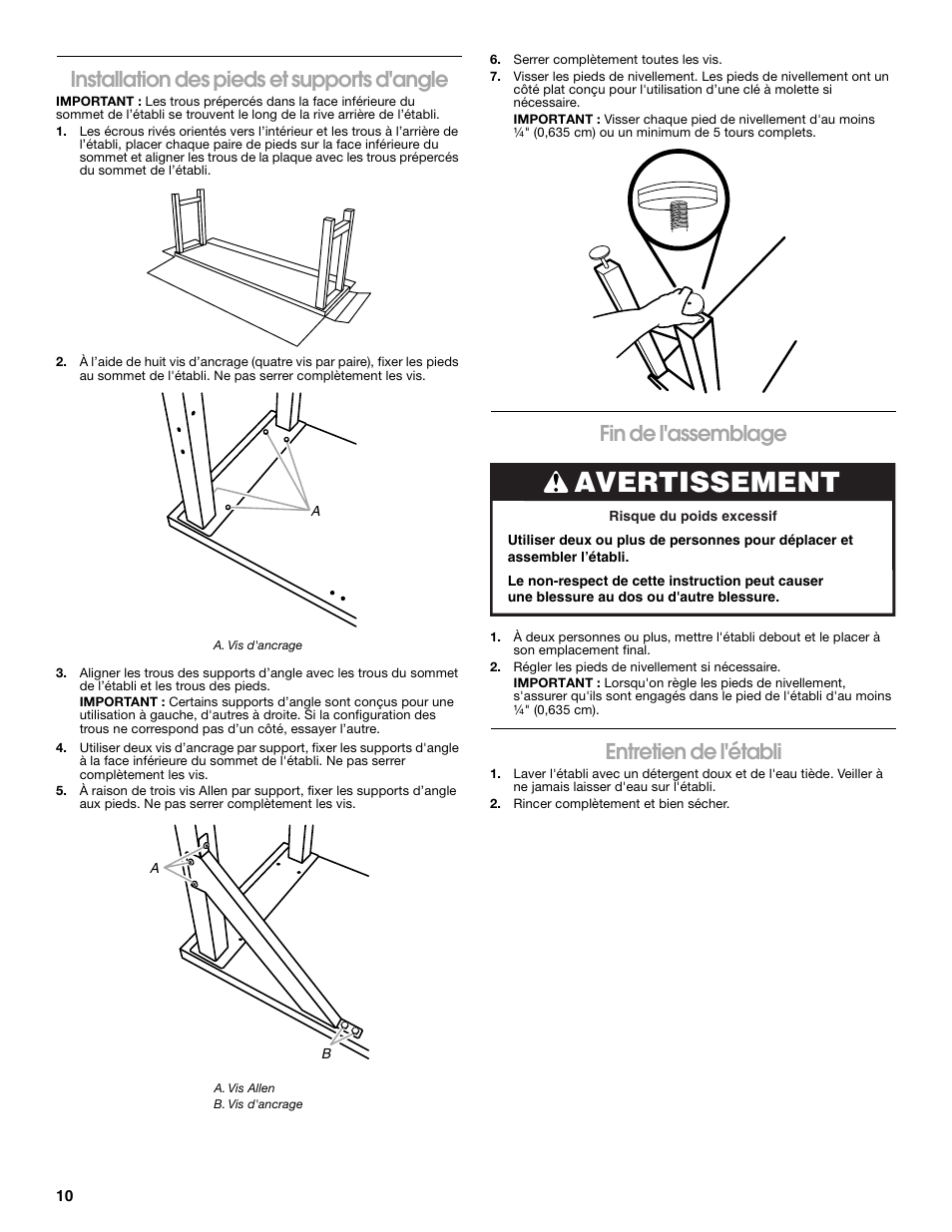 Avertissement, Installation des pieds et supports d'angle, Fin de l'assemblage | Entretien de l'établi | Gladiator GAWB66BAWG The 66.5 Bamboo Modular Workbench User Manual | Page 10 / 12