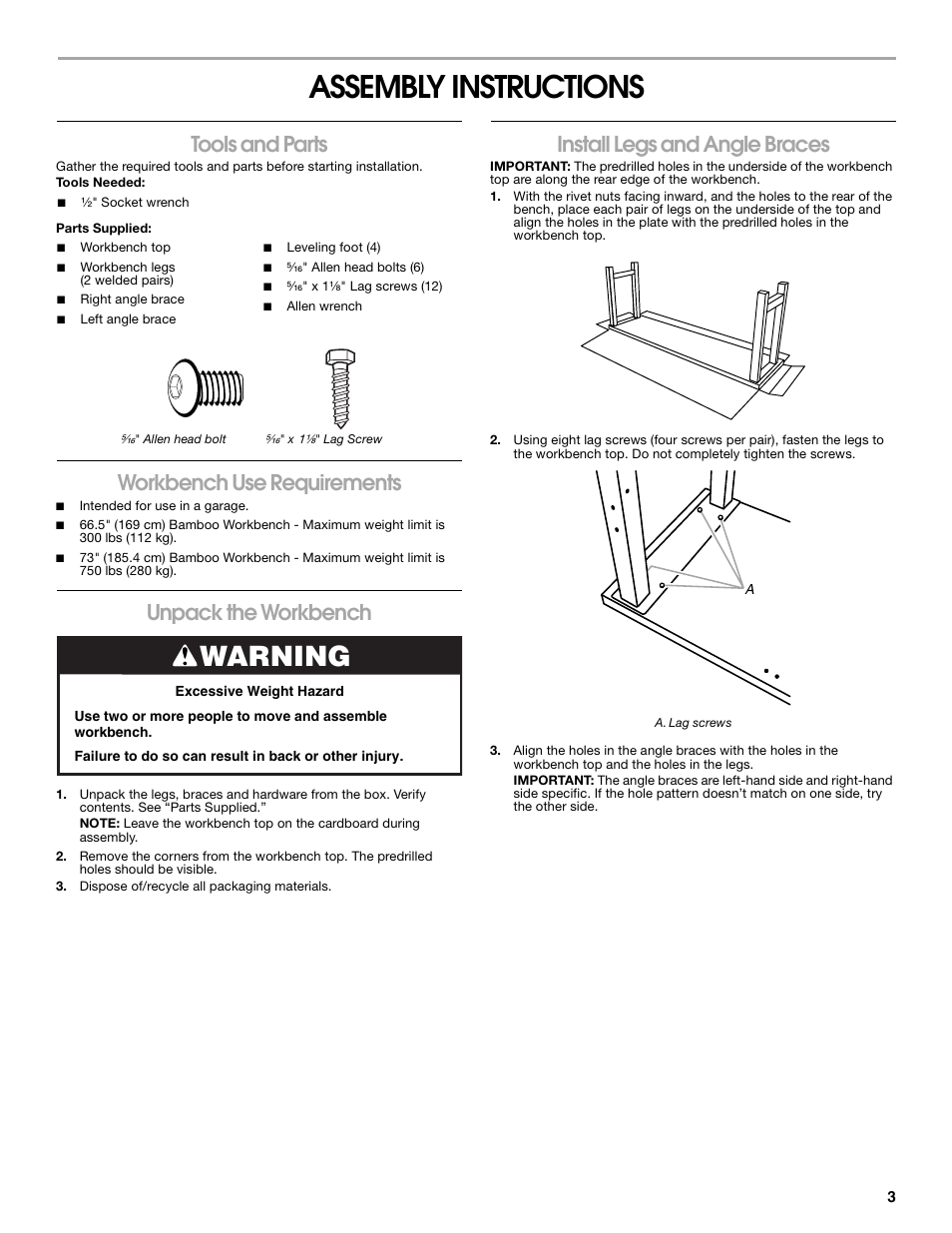 Assembly instructions, Warning, Tools and parts | Workbench use requirements, Unpack the workbench, Install legs and angle braces | Gladiator GAWB66BAWG The 66.5 Bamboo Modular Workbench User Manual | Page 3 / 12