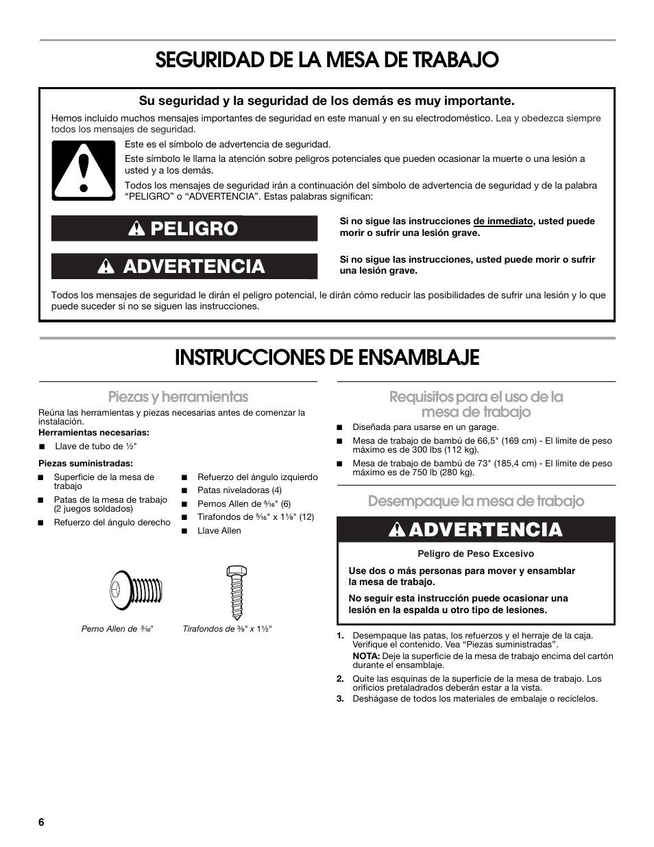 Advertencia peligro, Advertencia, Piezas y herramientas | Requisitos para el uso de la mesa de trabajo, Desempaque la mesa de trabajo | Gladiator GAWB66BAWG The 66.5 Bamboo Modular Workbench User Manual | Page 6 / 12