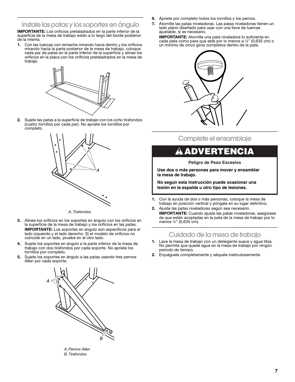 Advertencia, Instale las patas y los soportes en ángulo, Complete el ensamblaje | Cuidado de la mesa de trabajo | Gladiator GAWB66BAWG The 66.5 Bamboo Modular Workbench User Manual | Page 7 / 12