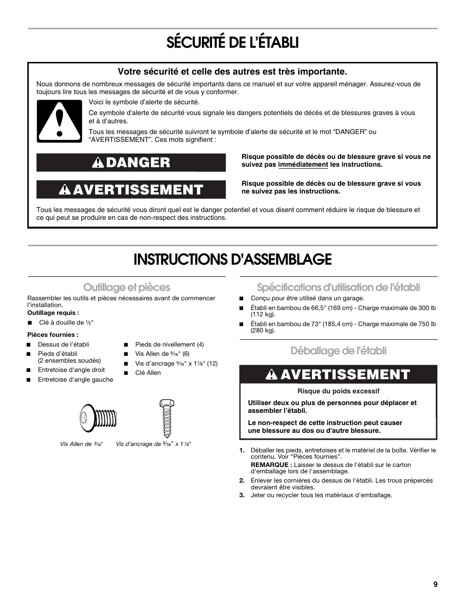 Sécurité de l’établi instructions d'assemblage, Avertissement danger, Avertissement | Outillage et pièces, Spécifications d'utilisation de l'établi, Déballage de l'établi | Gladiator GAWB66BAWG The 66.5 Bamboo Modular Workbench User Manual | Page 9 / 12