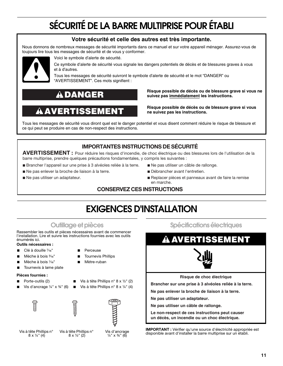 French version, Avertissement danger, Outillage et pièces | Spécifications électriques, Avertissement | Gladiator GAAC68PSZW Workbench Powerstrip User Manual | Page 11 / 16