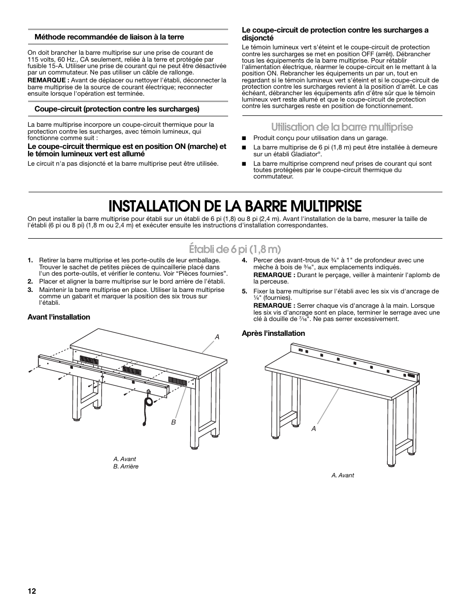 Installation de la barre multiprise, Utilisation de la barre multiprise, Établi de 6 pi (1,8 m) | Gladiator GAAC68PSZW Workbench Powerstrip User Manual | Page 12 / 16