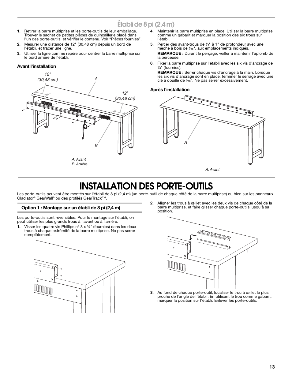 Installation des porte-outils, Établi de 8 pi (2.4 m) | Gladiator GAAC68PSZW Workbench Powerstrip User Manual | Page 13 / 16