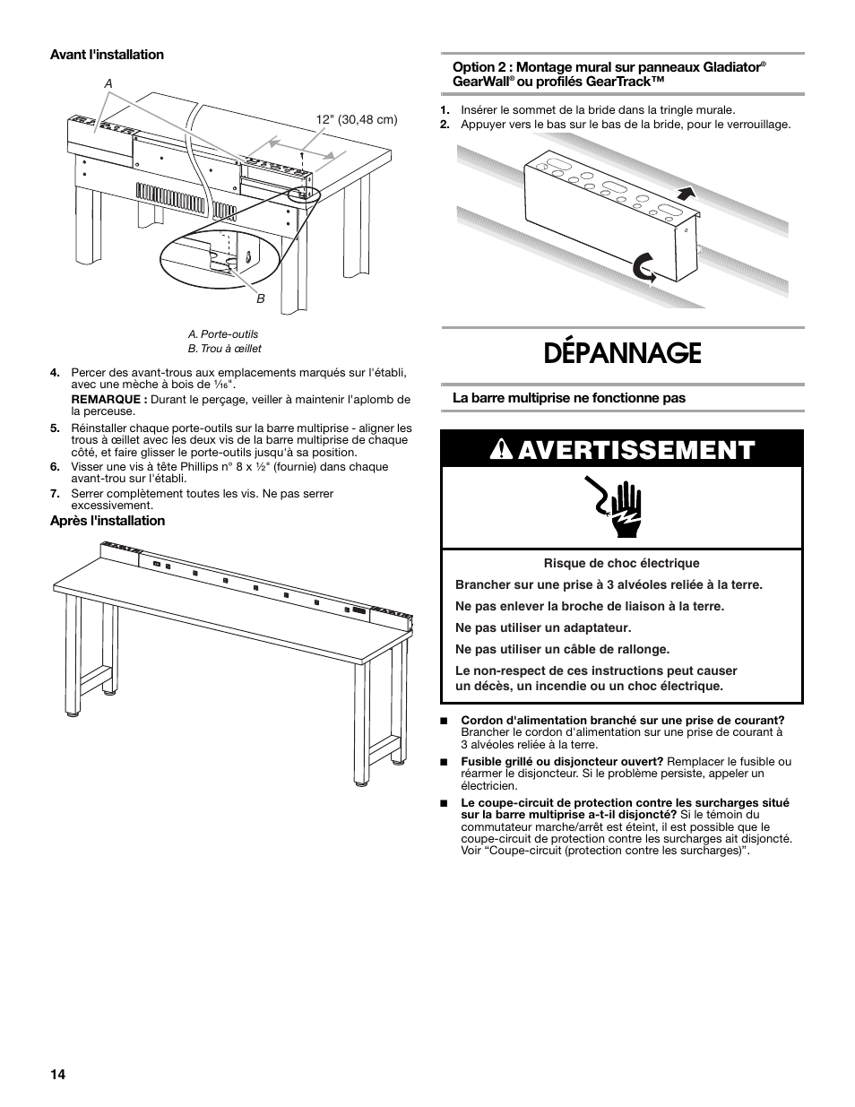 Dépannage, Avertissement | Gladiator GAAC68PSZW Workbench Powerstrip User Manual | Page 14 / 16