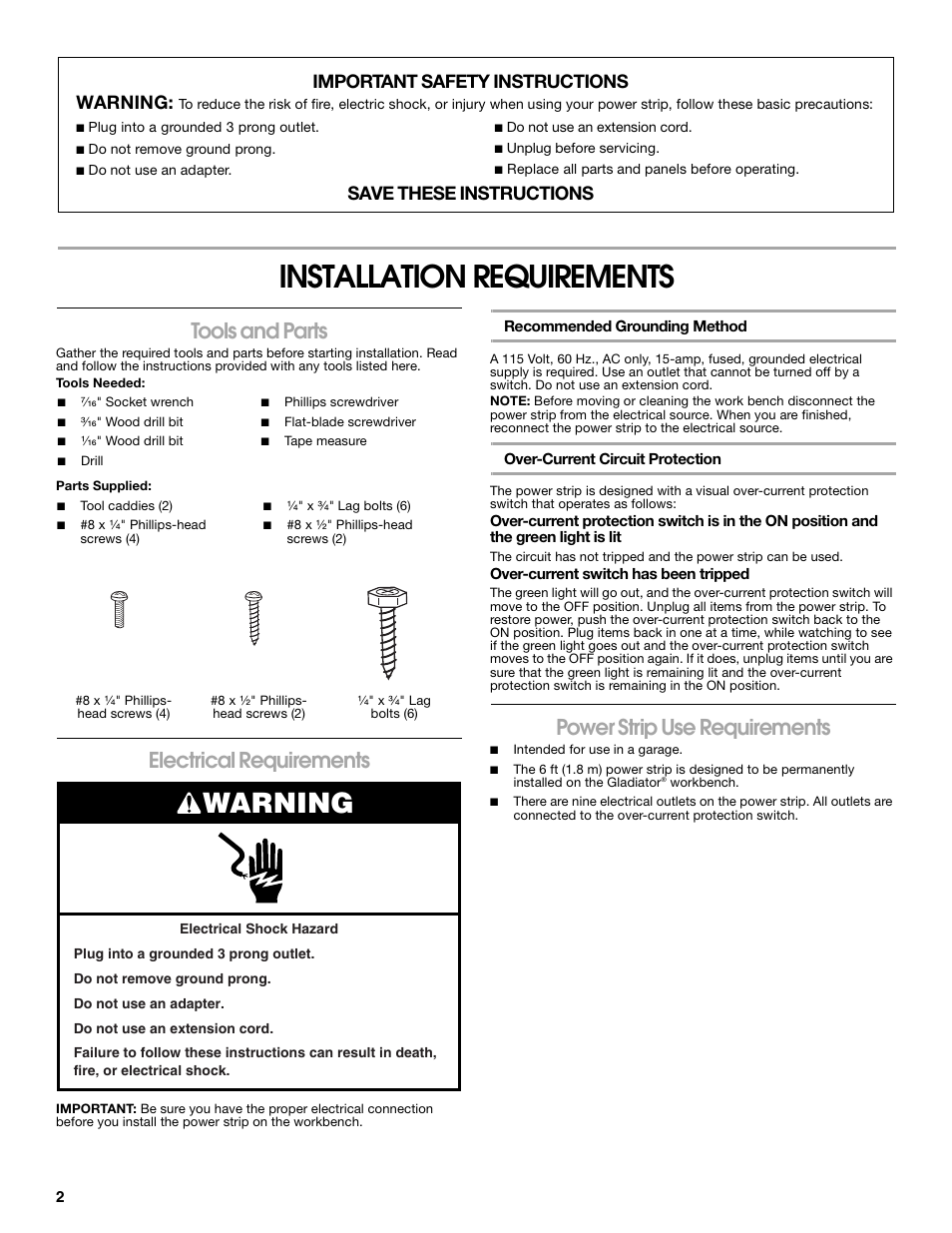 Installation requirements, Warning, Tools and parts | Electrical requirements, Power strip use requirements, Important safety instructions warning, Save these instructions | Gladiator GAAC68PSZW Workbench Powerstrip User Manual | Page 2 / 16
