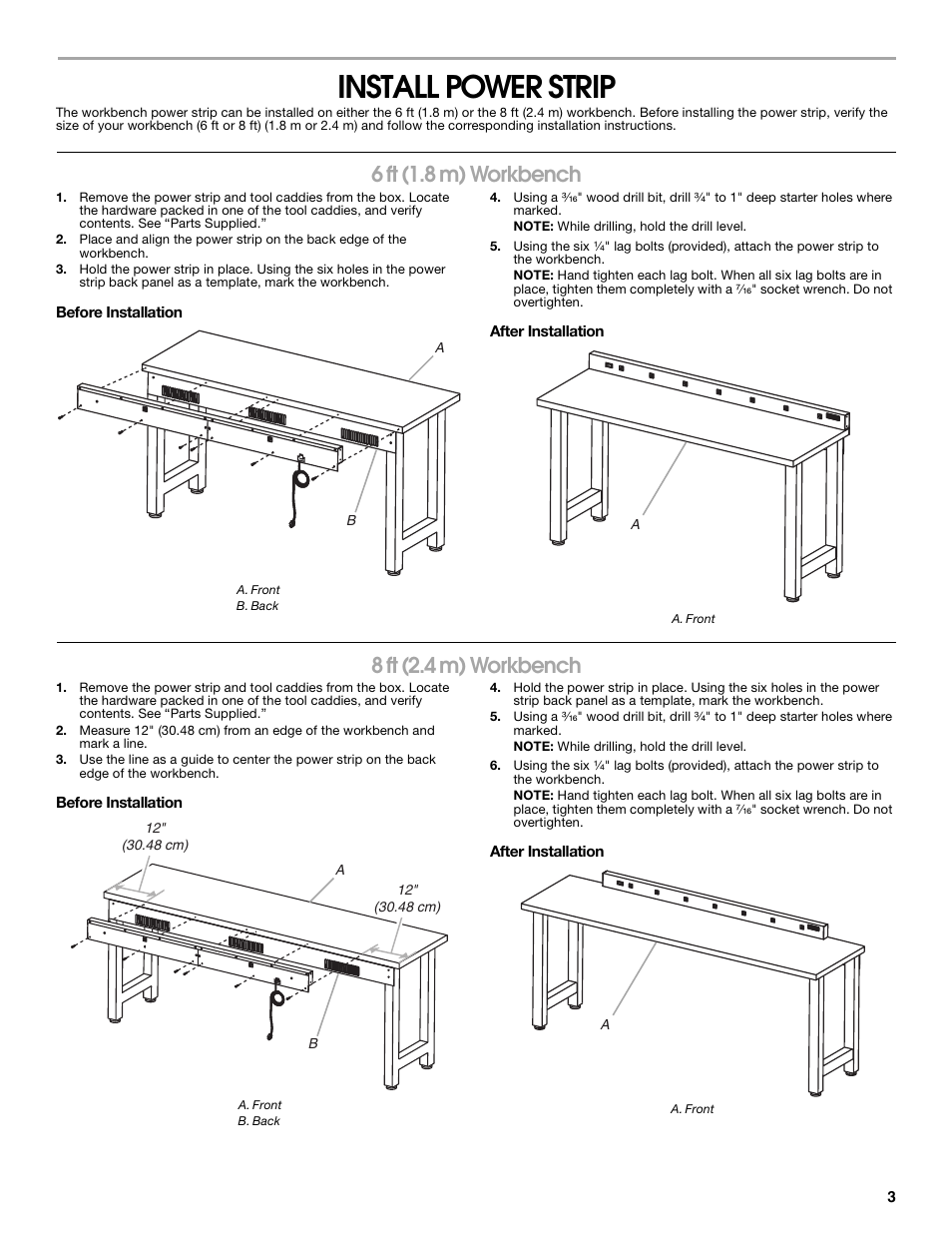 Install power strip, 6 ft (1.8 m) workbench, 8 ft (2.4 m) workbench | Gladiator GAAC68PSZW Workbench Powerstrip User Manual | Page 3 / 16