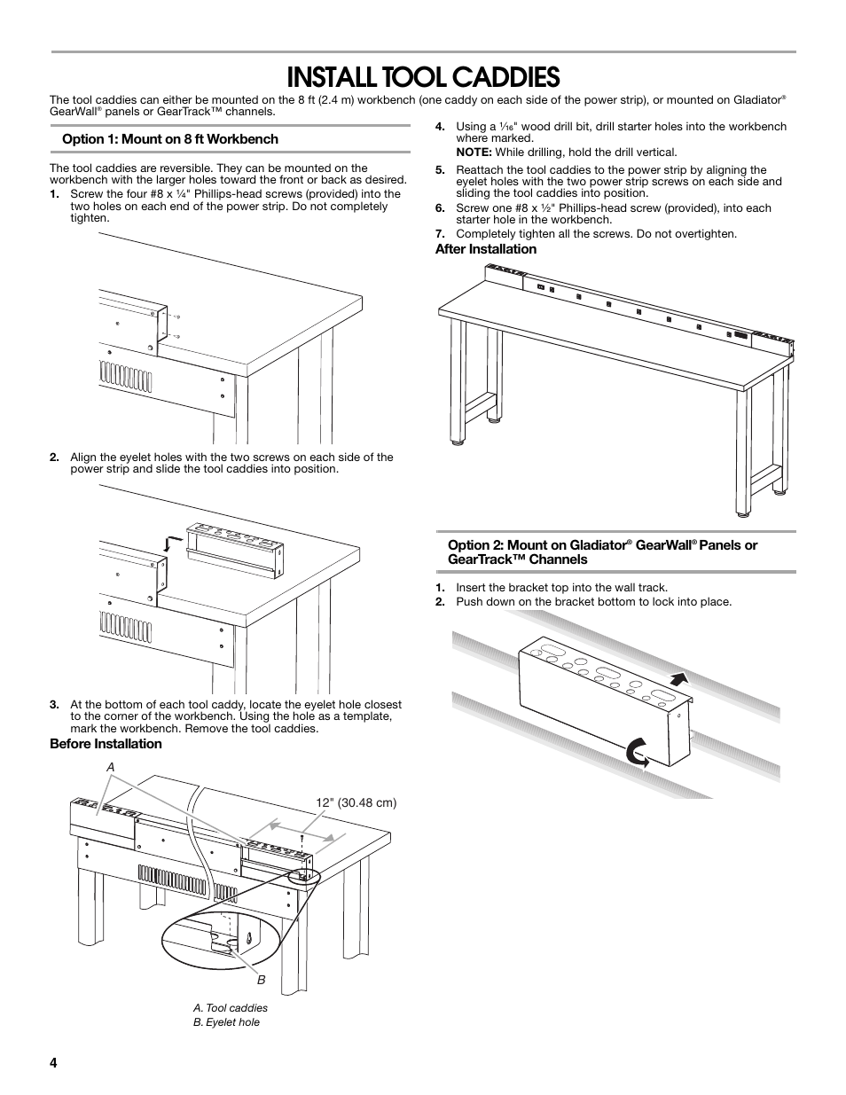 Install tool caddies | Gladiator GAAC68PSZW Workbench Powerstrip User Manual | Page 4 / 16