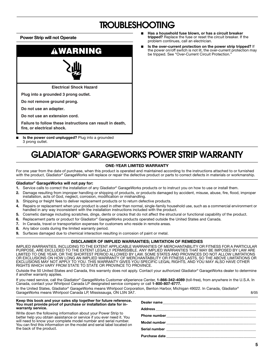 Troubleshooting, Gladiator, Garageworks power strip warranty | Warning | Gladiator GAAC68PSZW Workbench Powerstrip User Manual | Page 5 / 16