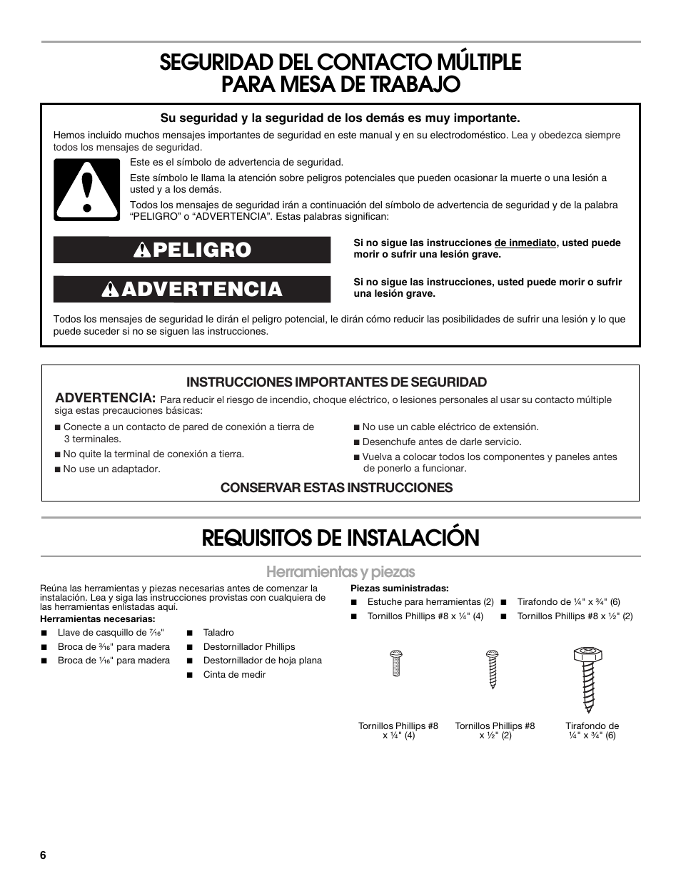 Spanish version, Advertencia peligro, Herramientas y piezas | Gladiator GAAC68PSZW Workbench Powerstrip User Manual | Page 6 / 16