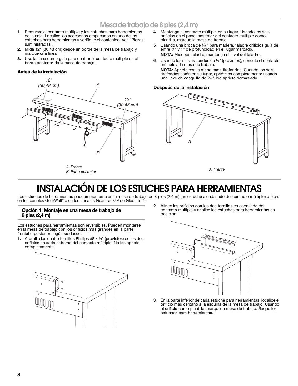 Instalación de los estuches para herramientas, Mesa de trabajo de 8 pies (2,4 m) | Gladiator GAAC68PSZW Workbench Powerstrip User Manual | Page 8 / 16