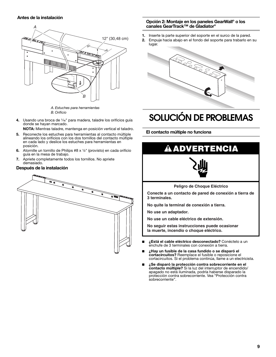 Solución de problemas, Advertencia | Gladiator GAAC68PSZW Workbench Powerstrip User Manual | Page 9 / 16