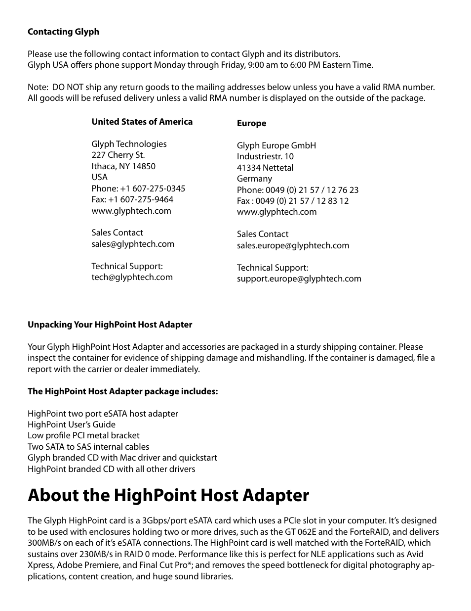About the highpoint host adapter | Glyph HighPoint Card User Manual | Page 2 / 5