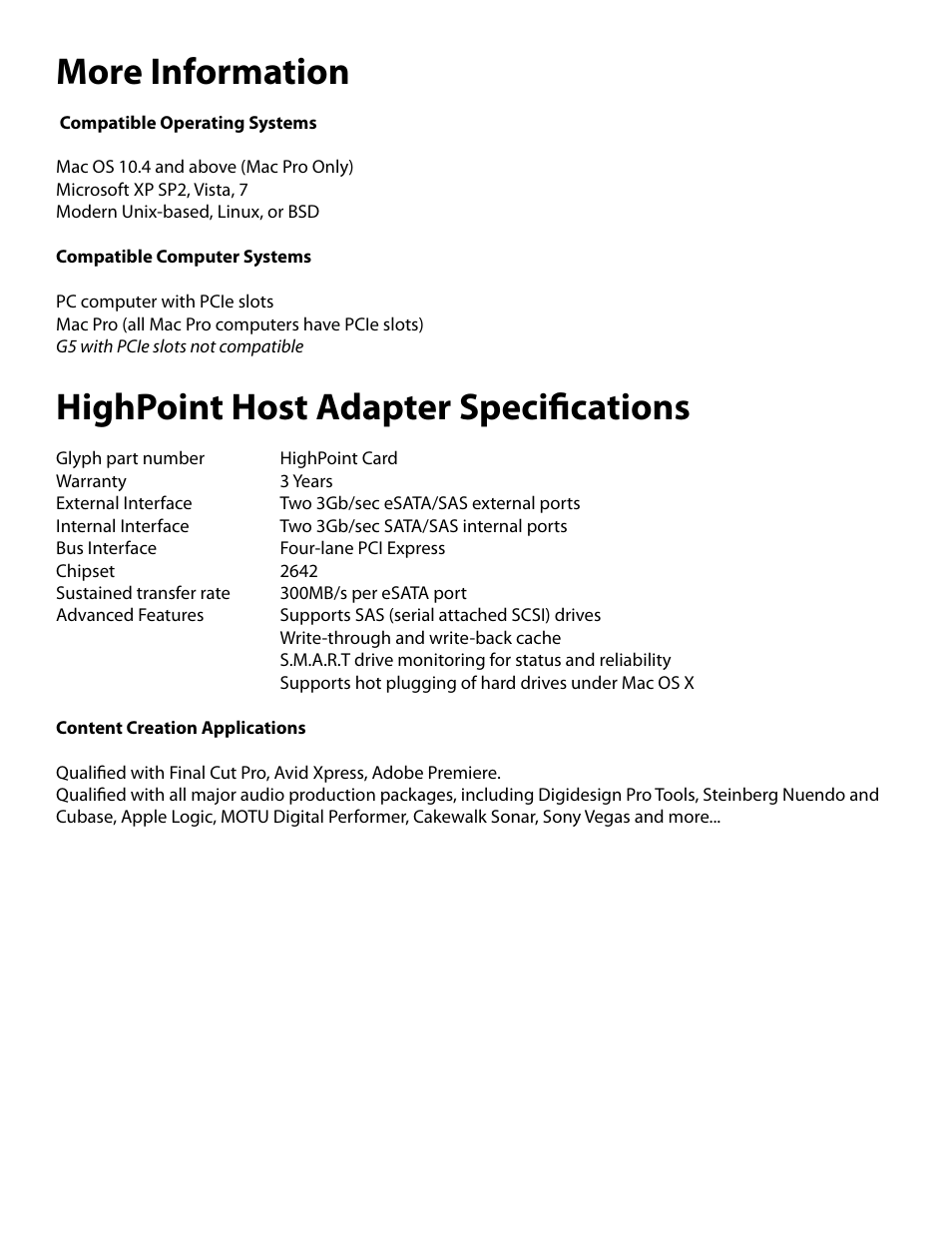 More information, Highpoint host adapter specifications | Glyph HighPoint Card User Manual | Page 5 / 5