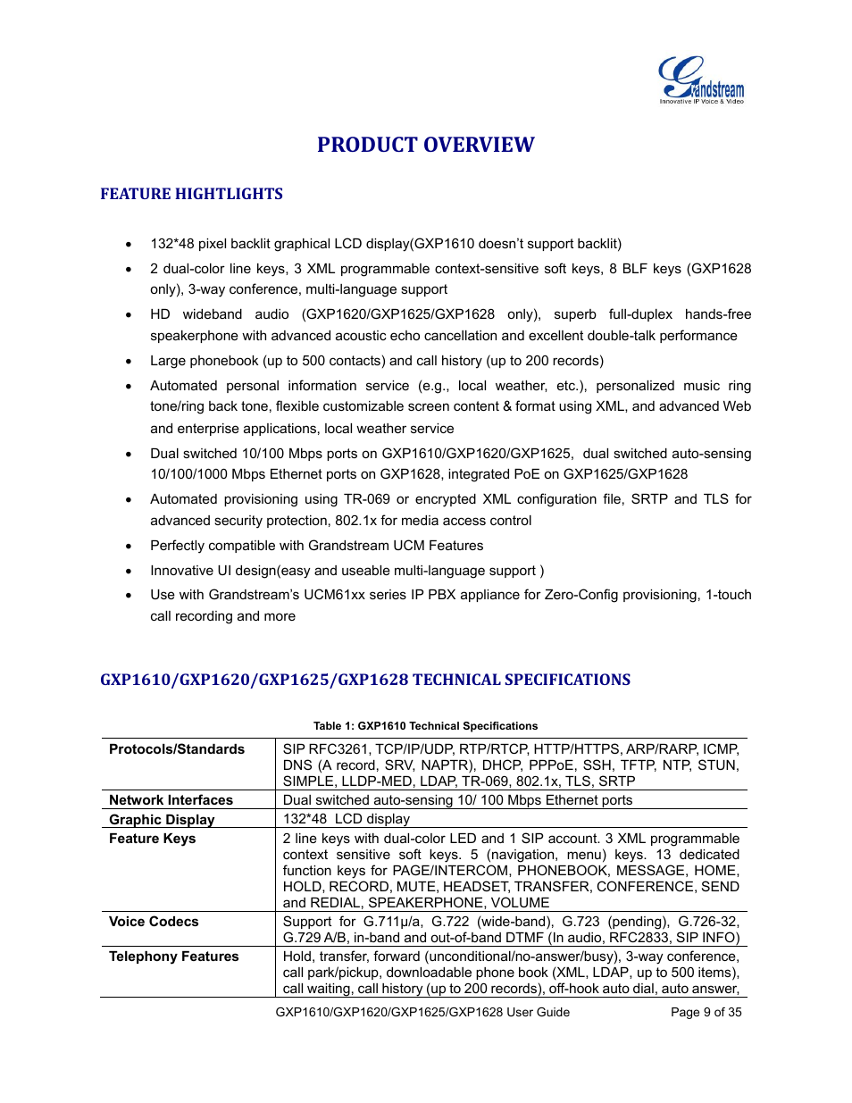 Product overview, Feature hightlights, Table 1: gxp1610 technical specifications | Grandstream GXP1610 User Guide User Manual | Page 10 / 38