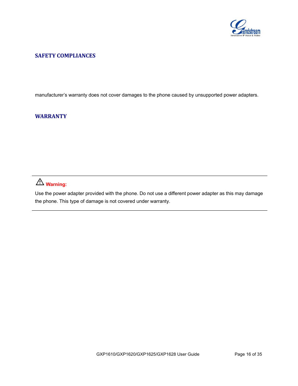 Safety compliances, Warranty | Grandstream GXP1610 User Guide User Manual | Page 17 / 38