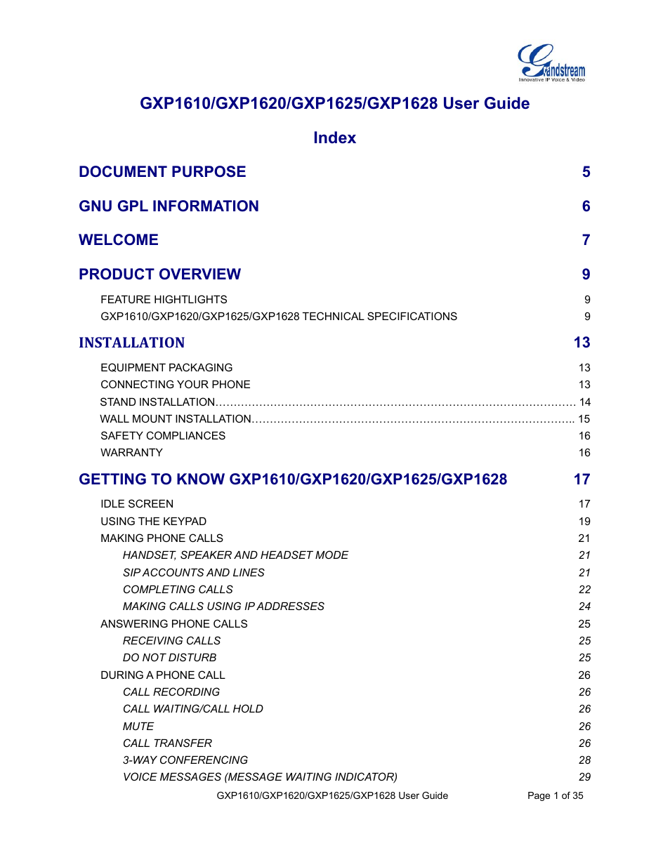 Document purpose, Gnu gpl information, Welcome | Product overview, Installation | Grandstream GXP1610 User Guide User Manual | Page 2 / 38