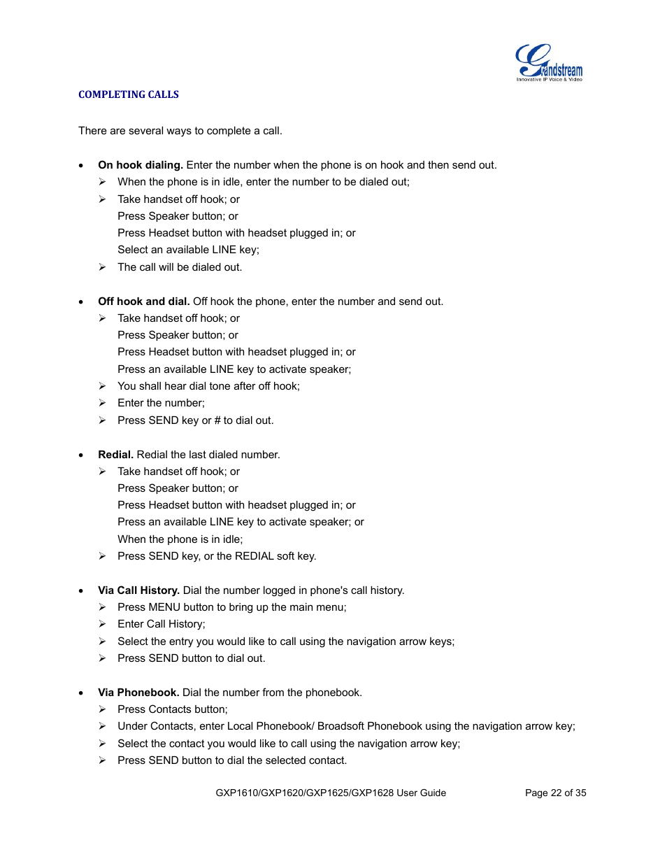 Completing calls | Grandstream GXP1610 User Guide User Manual | Page 23 / 38