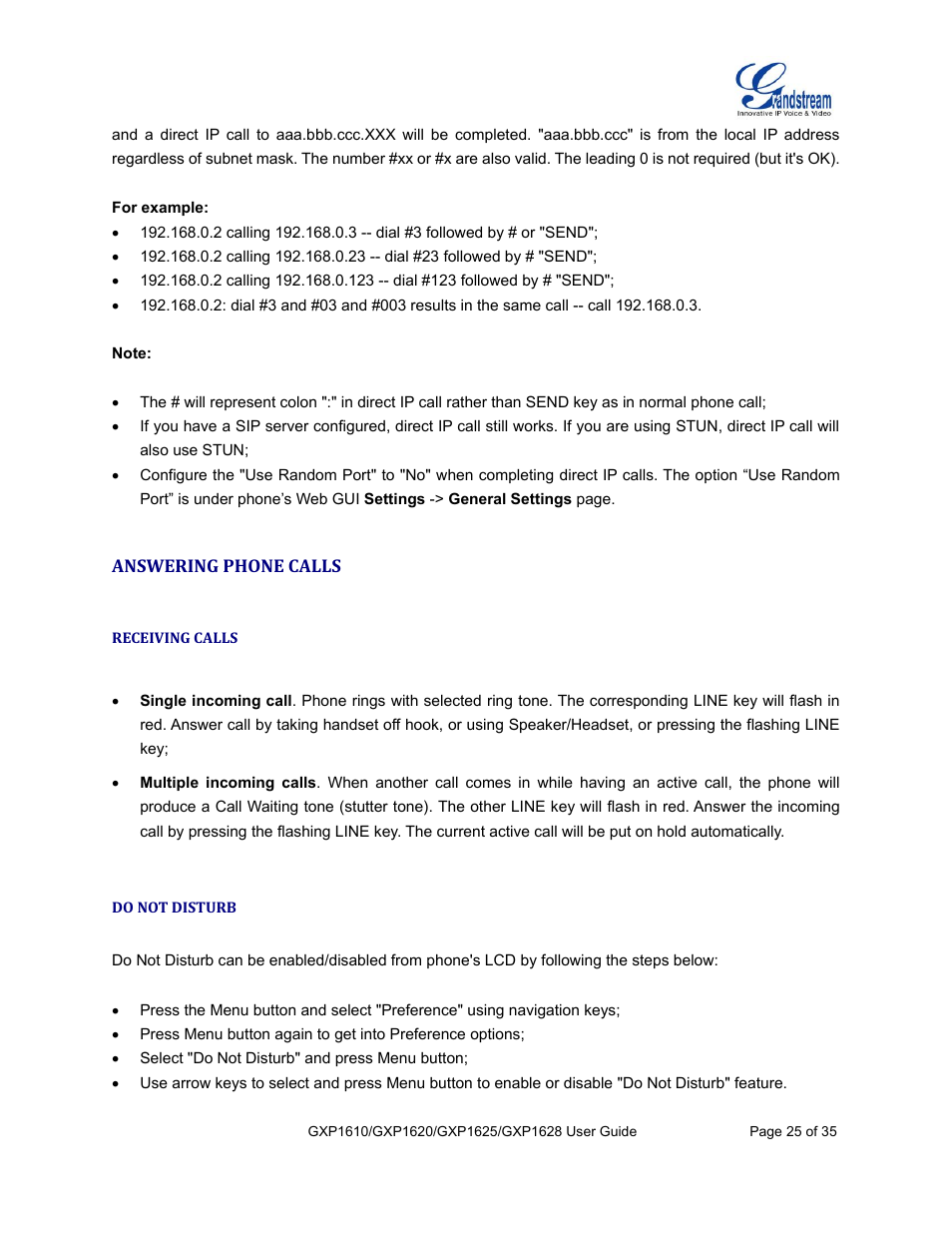 Answering phone calls, Receiving calls, Do not disturb | Grandstream GXP1610 User Guide User Manual | Page 26 / 38