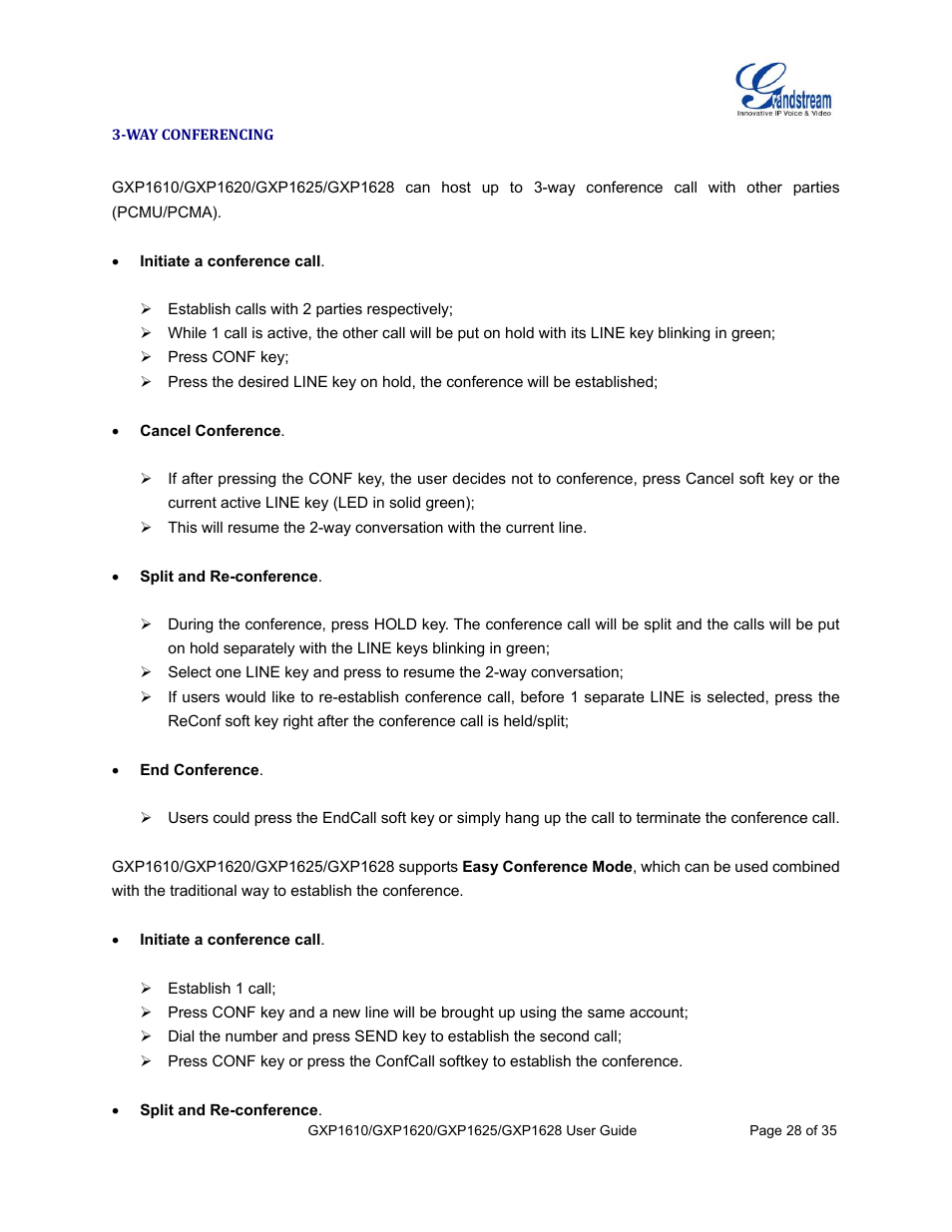 Way conferencing | Grandstream GXP1610 User Guide User Manual | Page 29 / 38