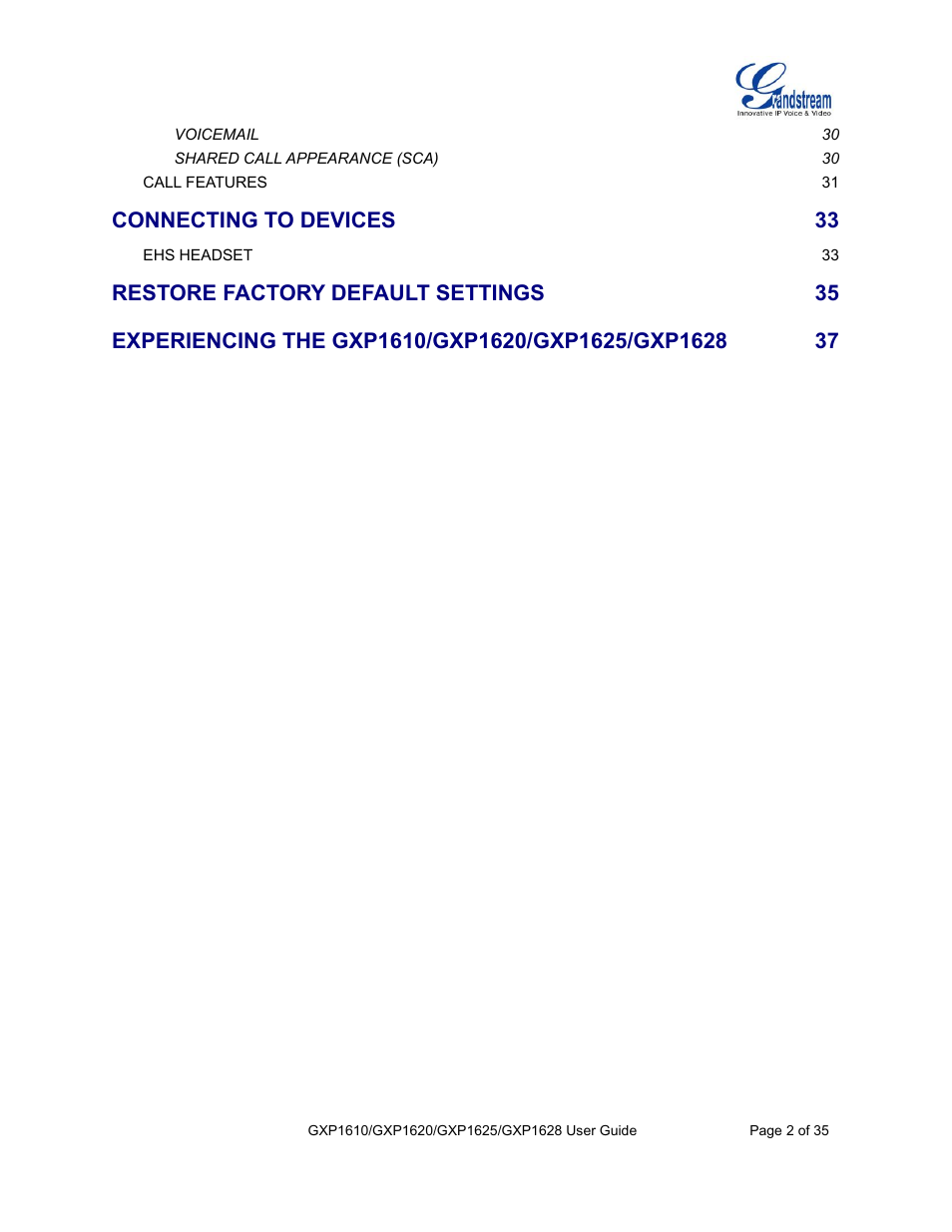 Connecting to devices, Restore factory default settings | Grandstream GXP1610 User Guide User Manual | Page 3 / 38