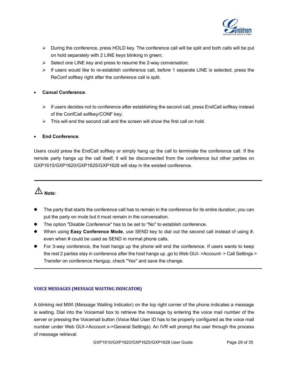 Voice messages (message waiting indicator) | Grandstream GXP1610 User Guide User Manual | Page 30 / 38