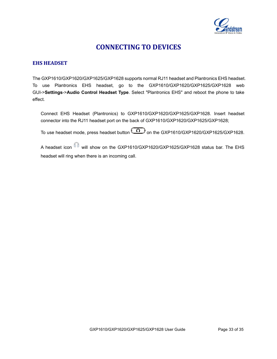 Connecting to devices, Ehs headset | Grandstream GXP1610 User Guide User Manual | Page 34 / 38