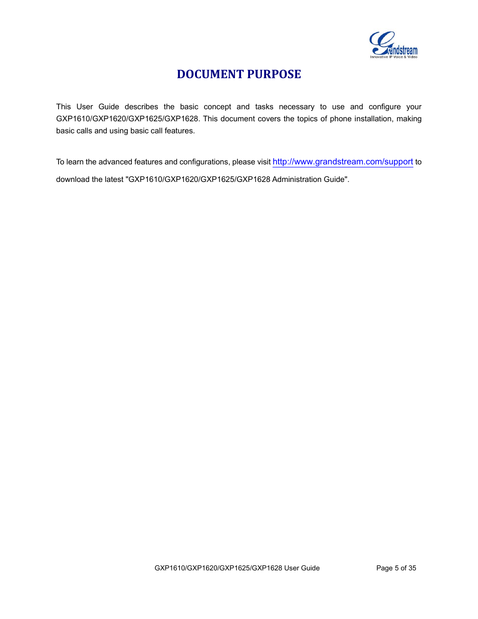 Document purpose | Grandstream GXP1610 User Guide User Manual | Page 6 / 38